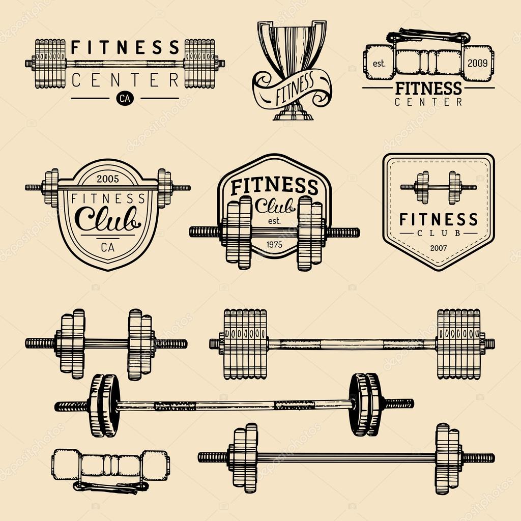 Vector set of fitness logo. Hand sketched logotypes collection with healthy fitness logotype elements. Fitness gym logo set. Fitness center signs