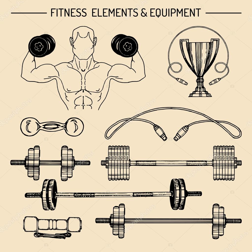 Vector set of fitness equipment. Hand sketched collection with healthy fitness elements. Fitness gym elements logo set. Fitness center signs