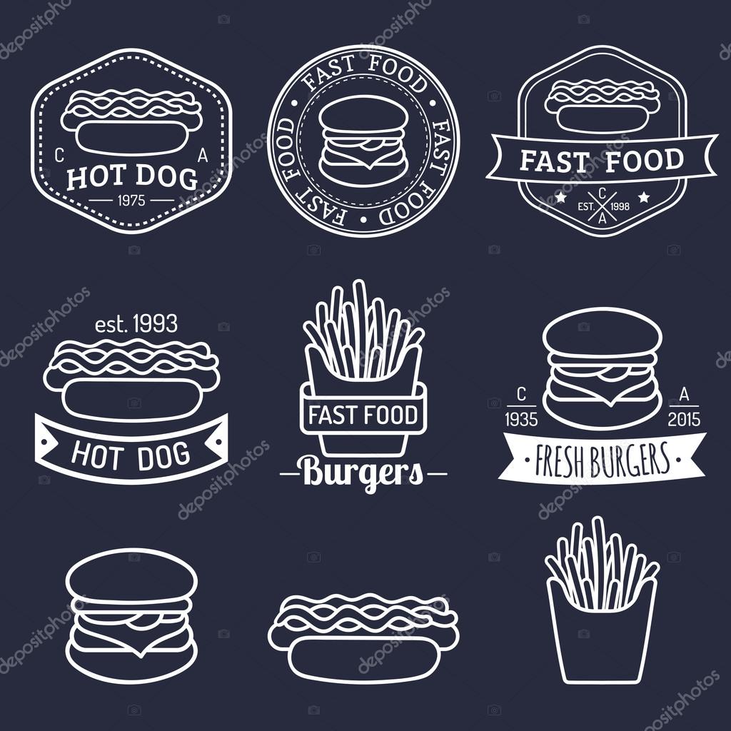 Vector vintage fast food logo set. Retro food logotypes collection. Fast food and pizza logos.