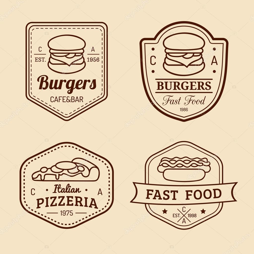 Vector vintage fast food logo set. Retro food logotypes collection. Fast food and pizza logos.