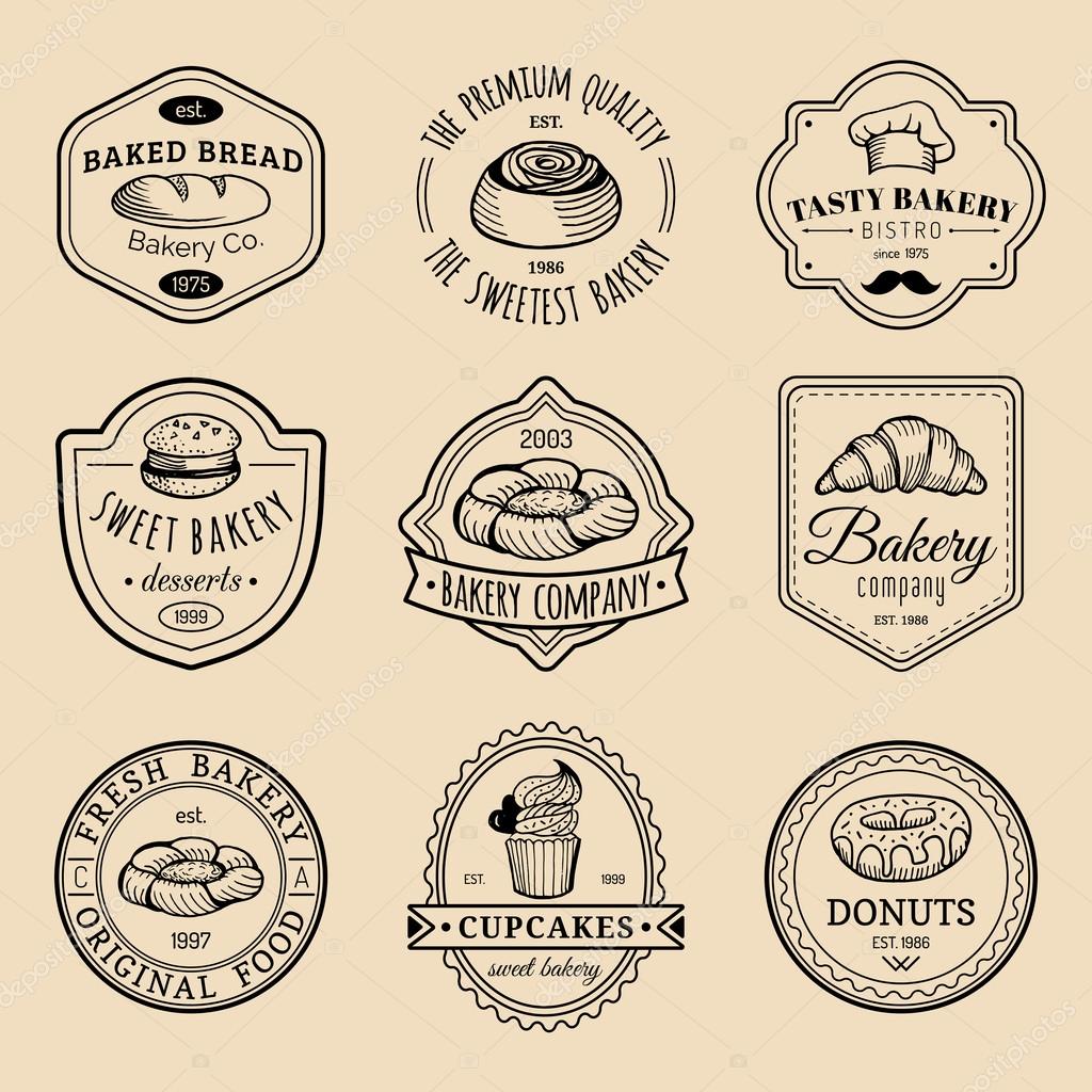 Vector set of vintage bakery logo. Retro logotypes collection with sweet bakery elements. Hipster pastry logo.