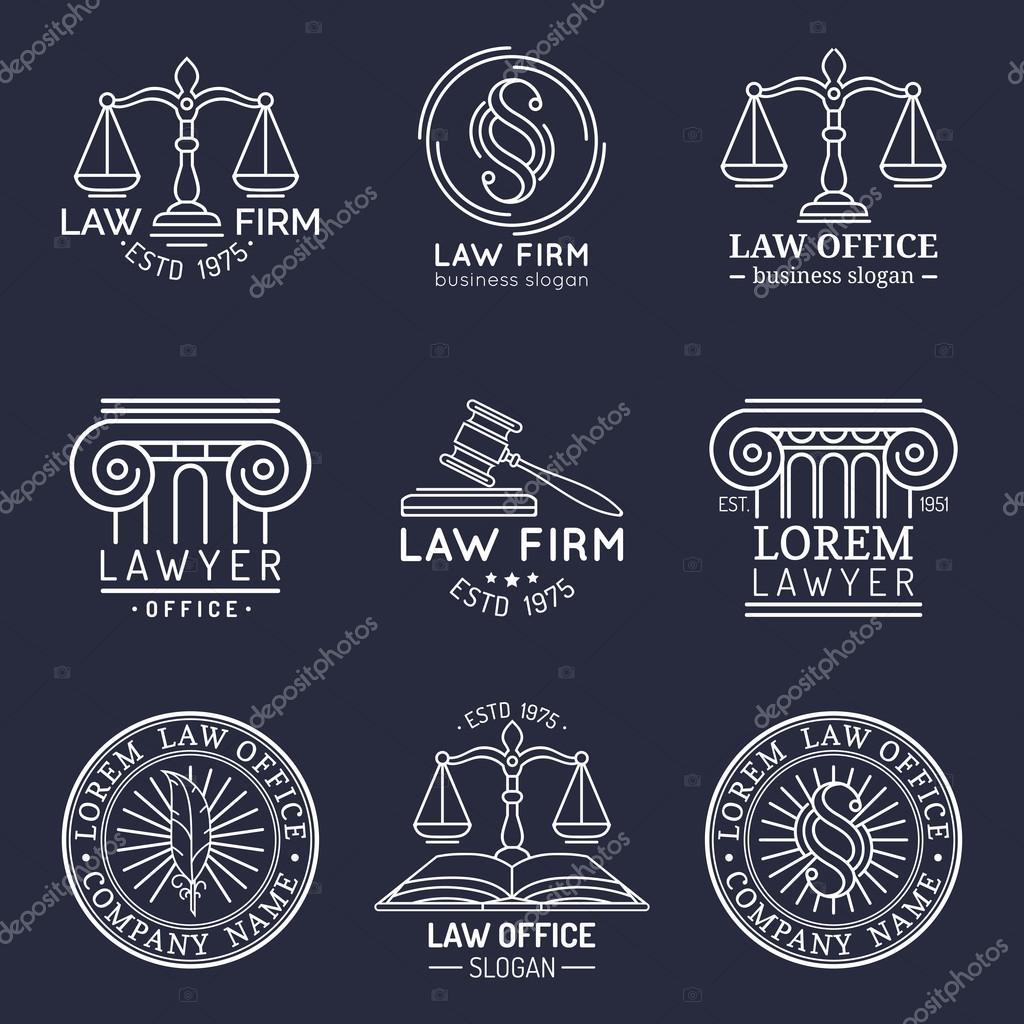 Law office logo set. Vector vintage lawyer logo collection. Law firm labels and badges. Lawyer logo templates. Law logos. Attorney signs. Legal concepts.