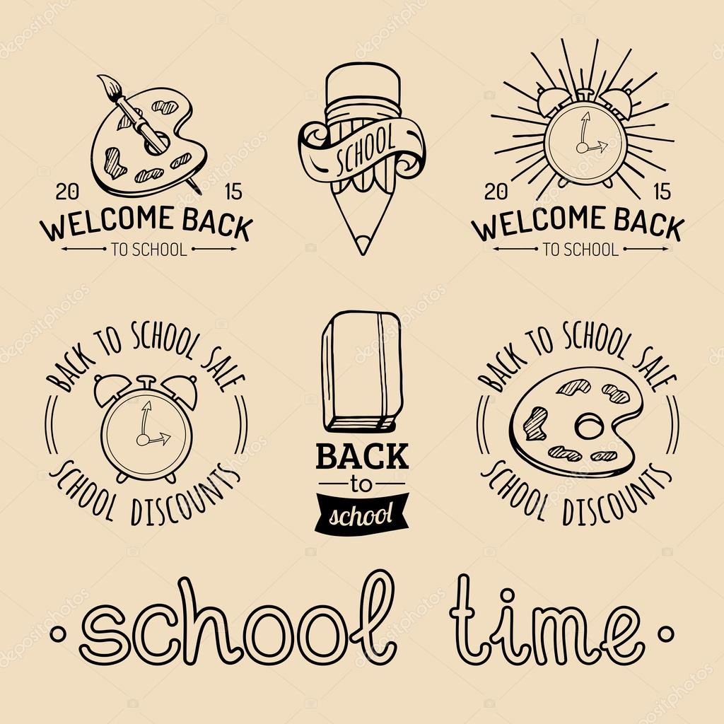 Vector set of vintage Back to school logo. Retro logotypes collection with school elements. Back to school signs set.