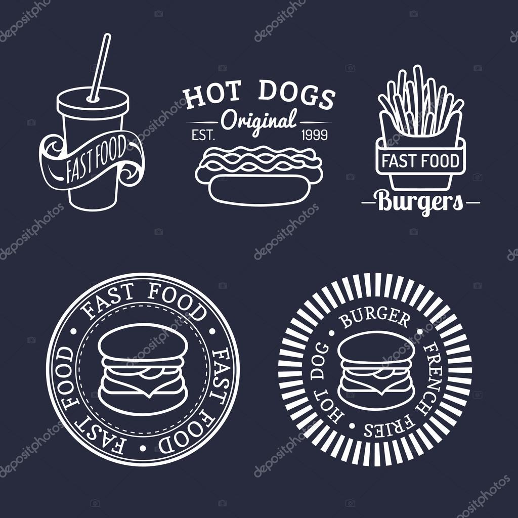 Vector vintage fast food logo set. Retro food logotypes collection. Fast food icons. Burgers logos.