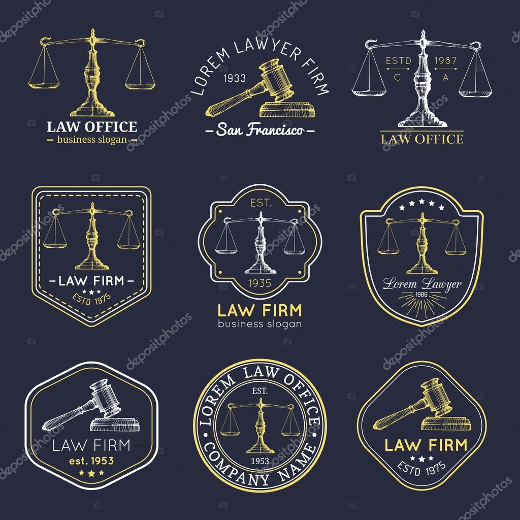 Law office logo set. Vector vintage lawyer logo collection. Law firm labels and badges. Lawyer logo templates. Law logos. Attorney signs. Legal concepts.