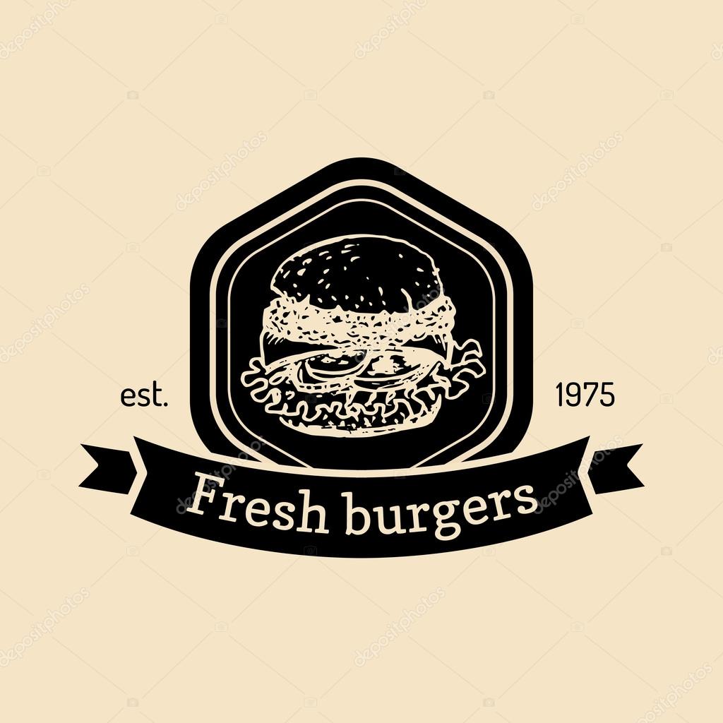 Vector vintage fast food logo. Retro hand drawn burger logotype. Hipster burger sign. Fast food icon. Fast food emblem with burger. Burger bar sign. Burger bistro logo.