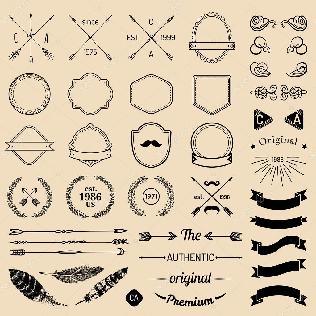 Vintage hipster logo elements with arrows, ribbons, feathers, laurels, badges. Design your own vintage logo. Retro logotype templates. Logo constructor. Vector vintage logo creator