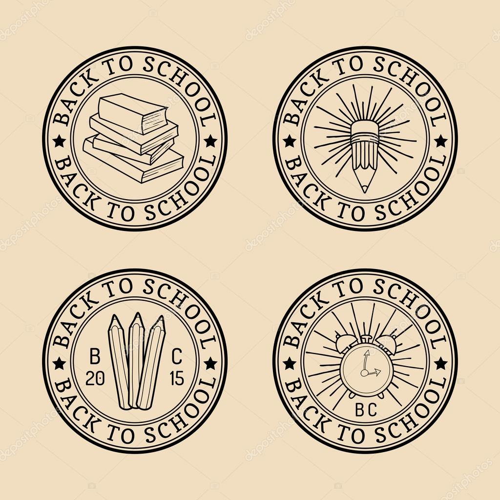Vector set of vintage Back to school logo. Retro logotypes collection with school elements. Back to school signs set.