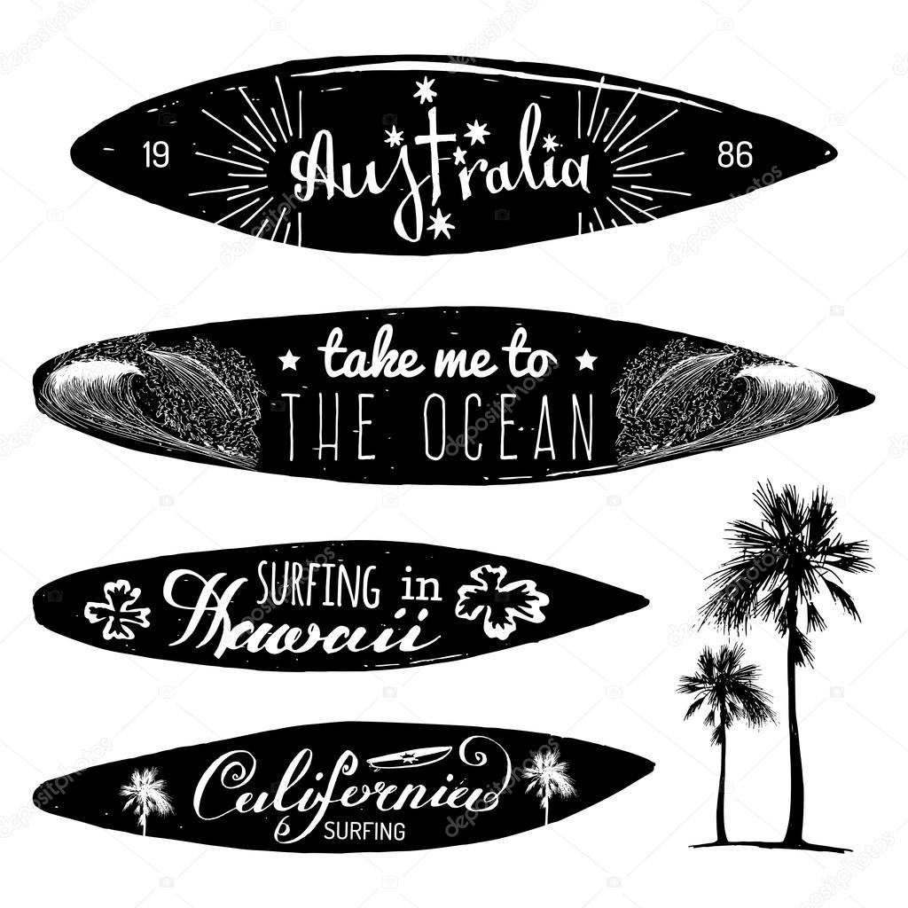 Set of vintage surfing logo or t-shirts print. Retro logotypes collection of surfing