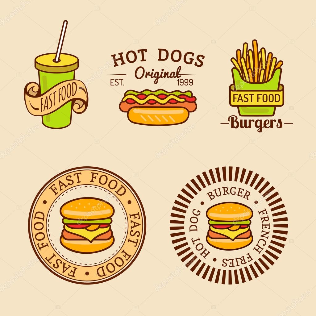 Vector vintage fast food logo set. Retro food logotypes collection
