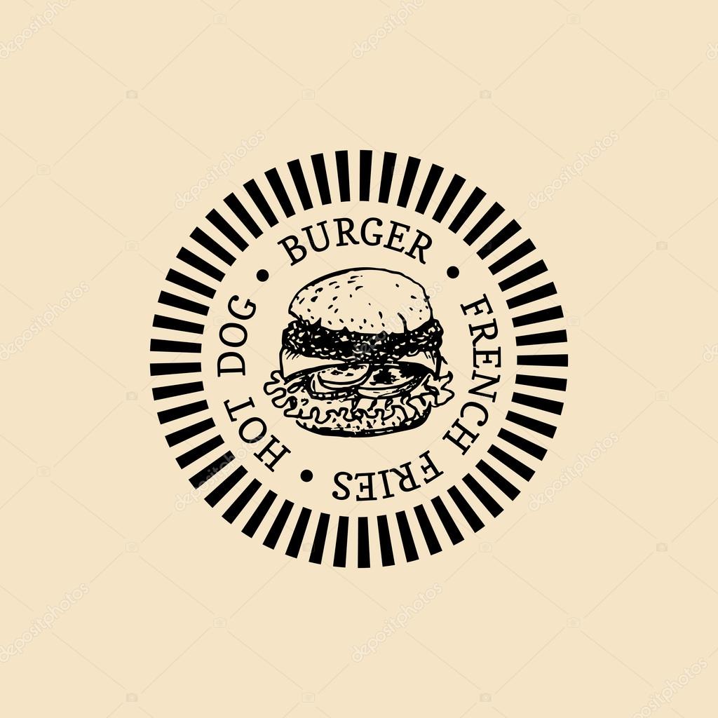 Vector vintage fast food logo. Retro hand drawn burger logotype. Hipster burger sign. Fast food icon. Fast food emblem with burger. Burger bar sign. Burger bistro logo.