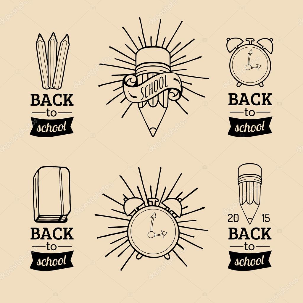 Vector set of vintage Back to school logo. Retro logotypes collection with school elements. Back to school signs set.