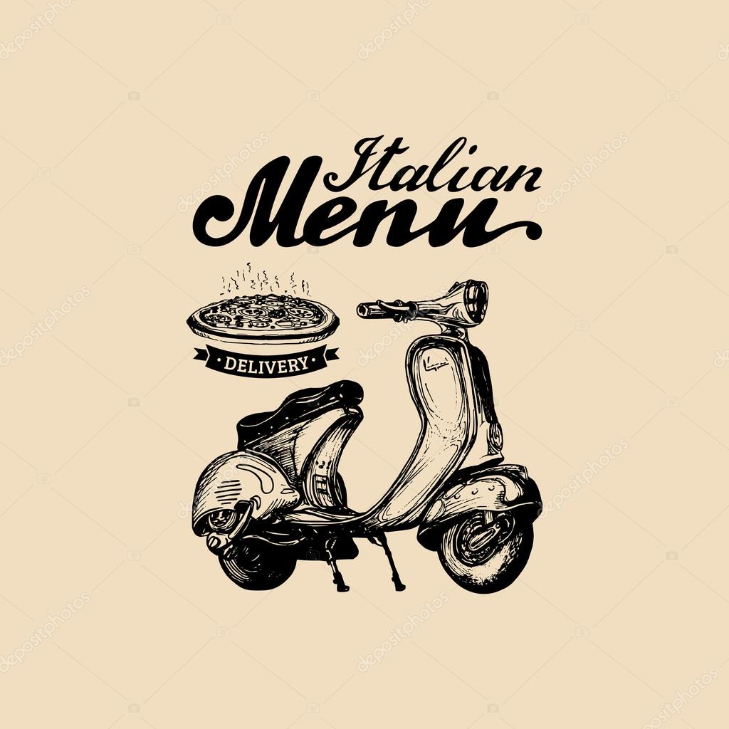 Pizza delivery scooter. Vector scooter with italian food delivery.