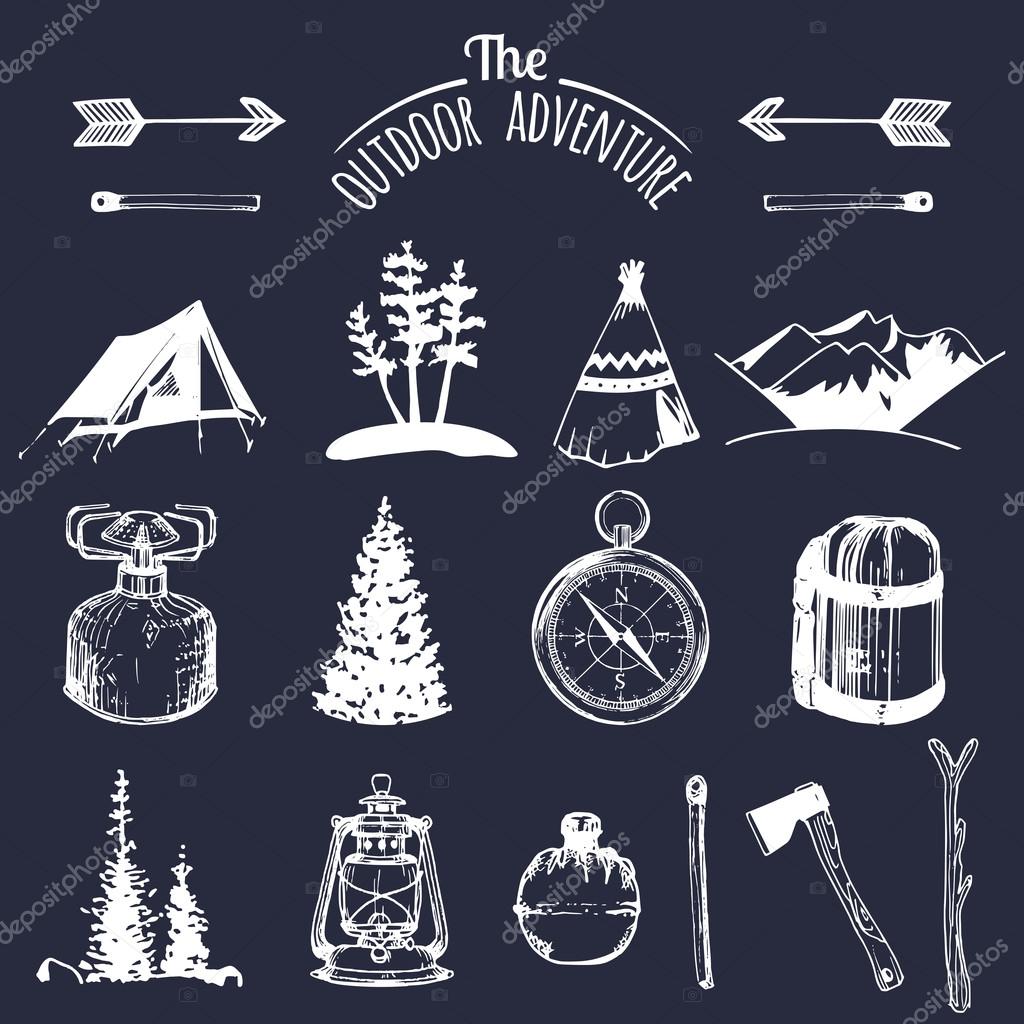 Camping elements. Camp set. Vector set of vintage camping. Retro collection of outdoor adventures. Camp signs.