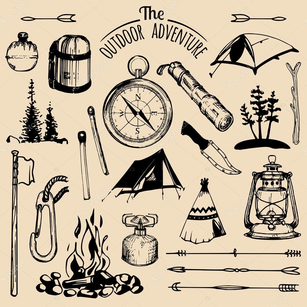 Camping set. Camp elements. Camp logos. Vector set of vintage camping logo. Retro logotypes collection of outdoor adventures