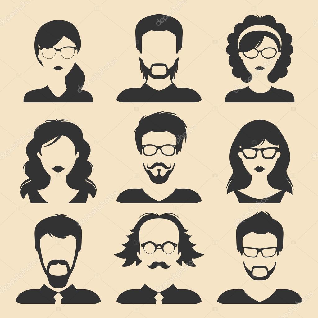 Set of different male and female icons in trendy flat style.