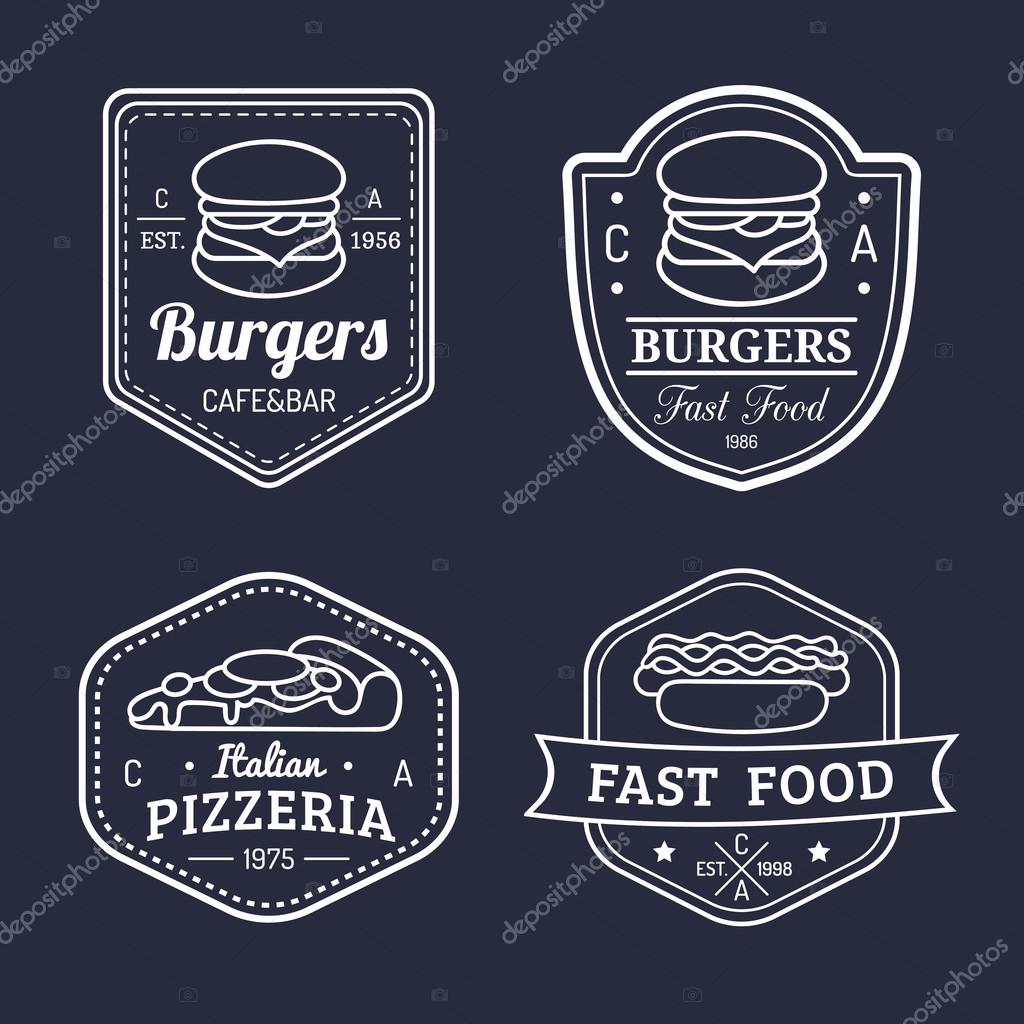 Vector vintage fast food logo set. Retro food logotypes collection. Fast food and pizza logos.