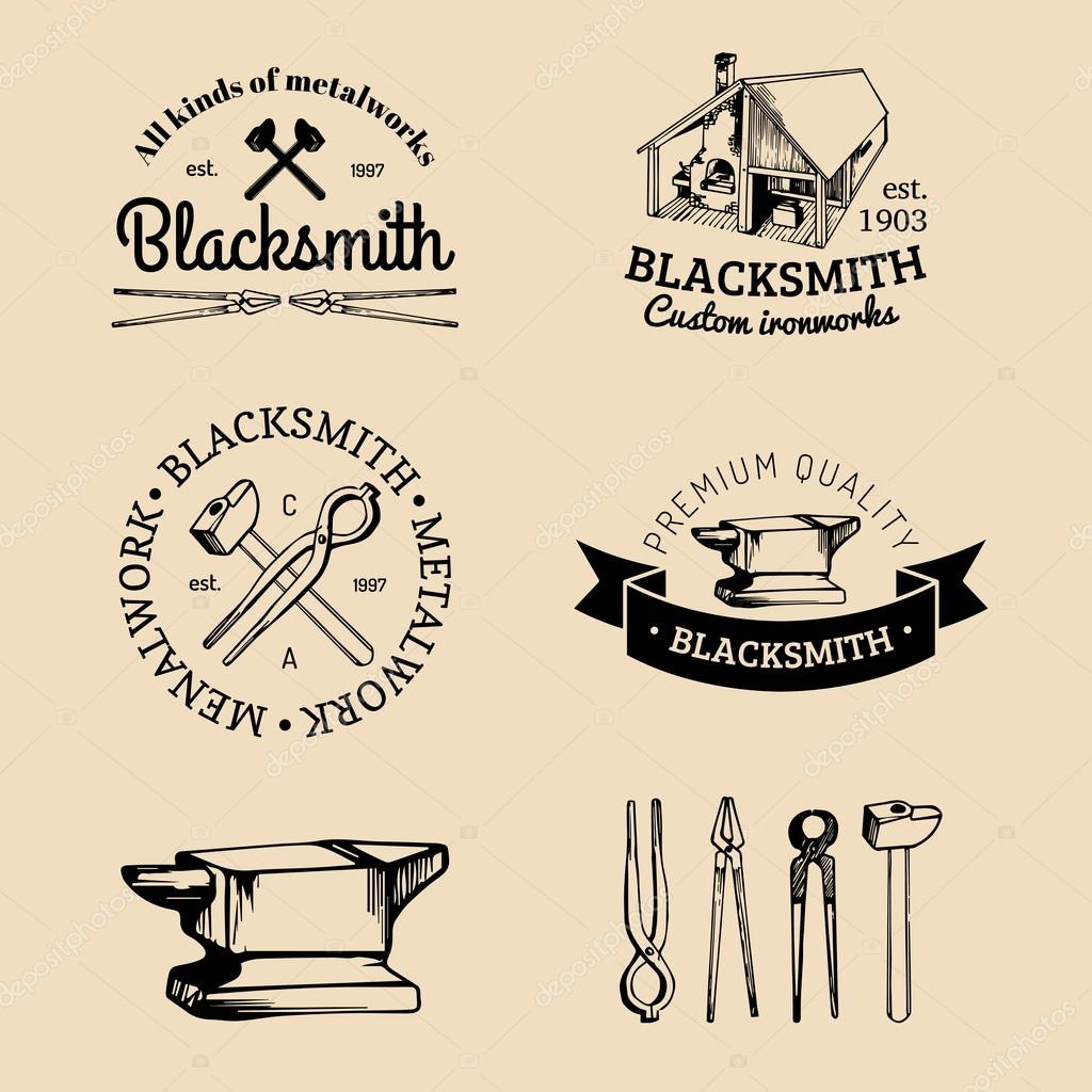 Set of hand sketched blacksmith logo