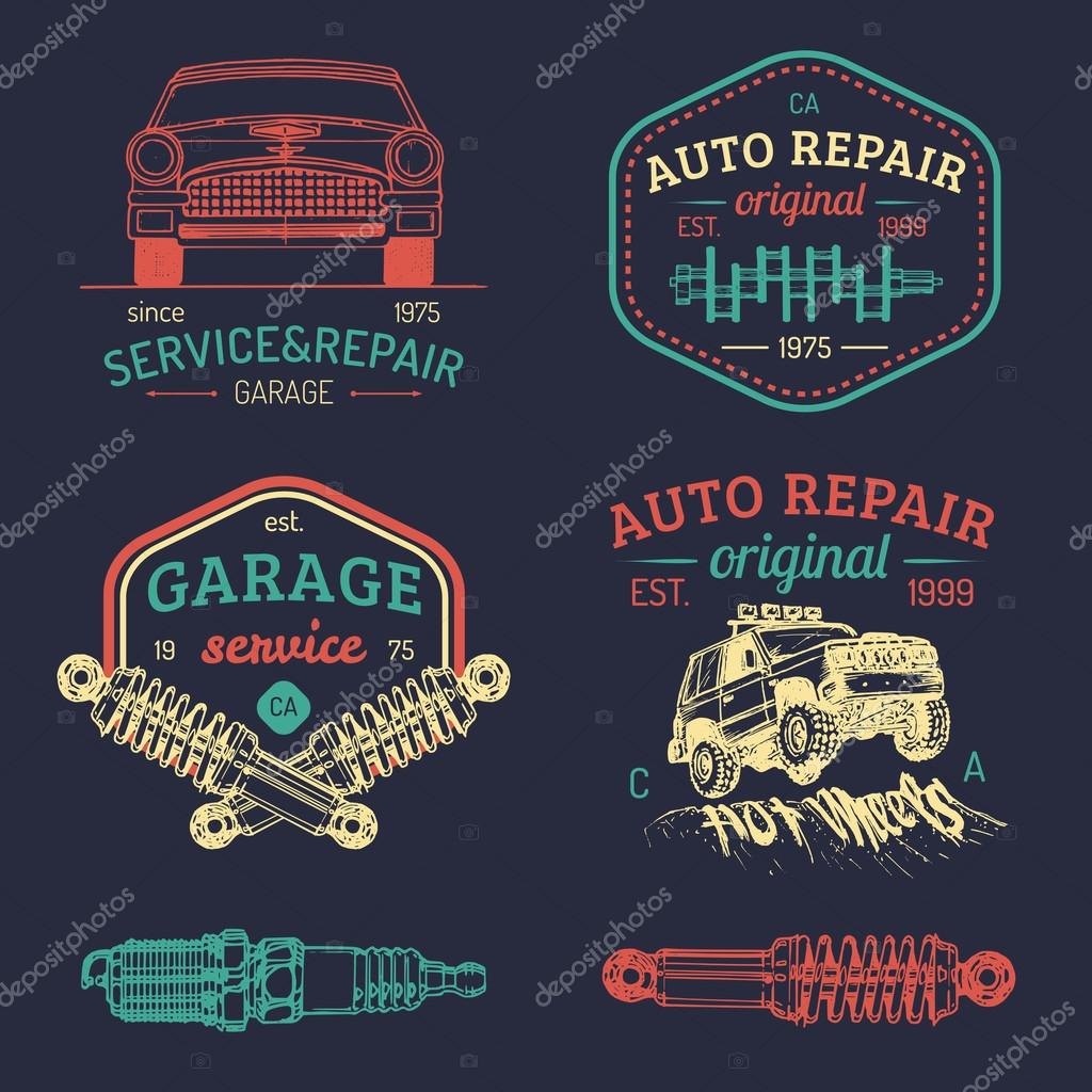 Retro auto reparación logotipos colección . vector, gráfico vectorial
