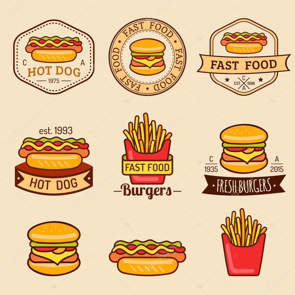 Vector vintage fast food logo set. Retro food logotypes collection. Fast food and pizza logos.