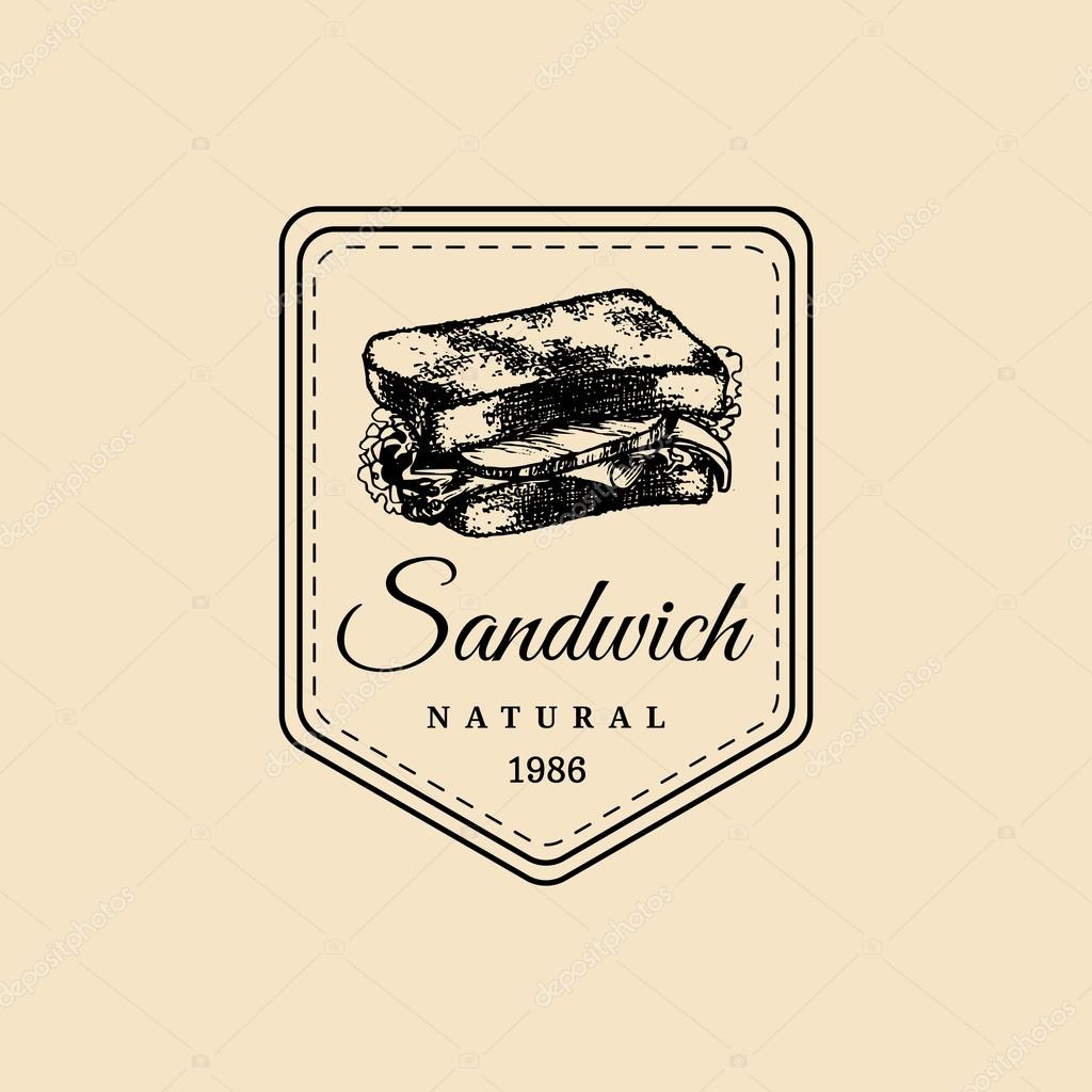 Vector vintage fast food logo. Retro hand drawn burger logotype. Hipster burger sign. Fast food icon. Fast food emblem with burger. Burger bar sign. Burger bistro logo.