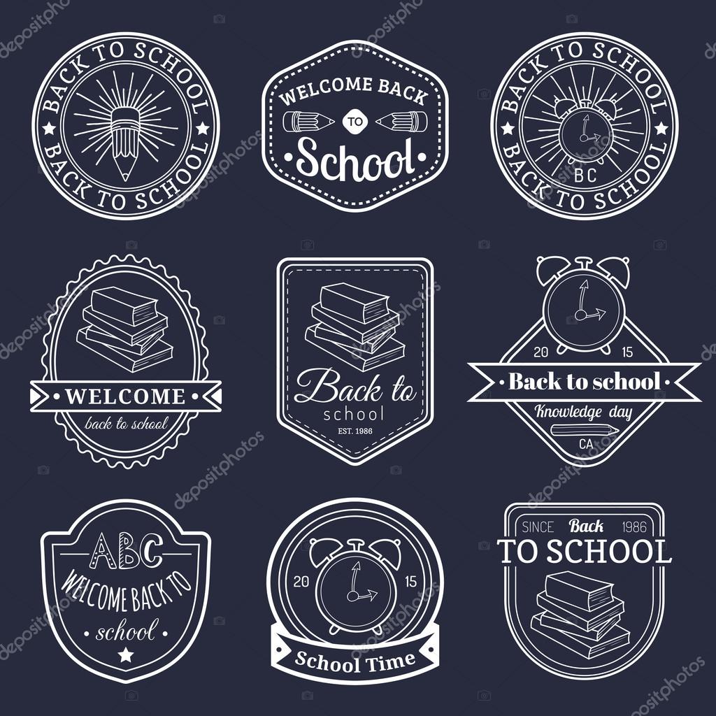 Vector set of vintage Back to school logo. Retro logotypes collection with school elements. Back to school signs set.
