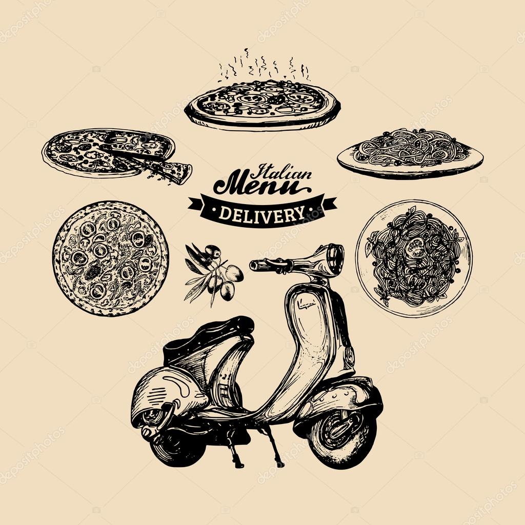 Pizza delivery scooter. Vector scooter with italian food delivery.