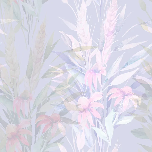 Bir Buket Sonbahar Çiçeği Buğday Buğdayının Suluboya Bileşimi Kusursuz Desen — Stok fotoğraf