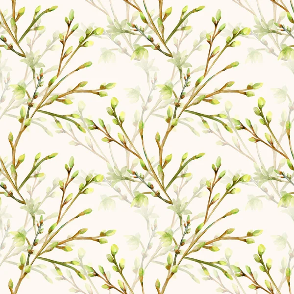 開花枝の水彩画 木の枝の動機 白と色の背景の画像 シームレスなパターン — ストック写真