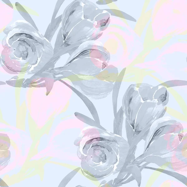 Crocus Bouquet Pattern Watercolor Image White Colored Background Seamless Pattern — Stock Photo, Image