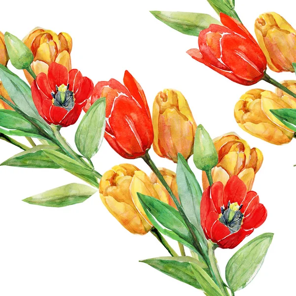 Red Yelollow Tulips Image White Colored Background Watercolor Seamless Pattern — Stock Photo, Image