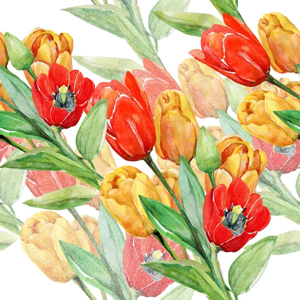 Czerwone Żółte Tulipany Image Białym Kolorowym Tle Watercolor Bezszwowy Wzór — Zdjęcie stockowe