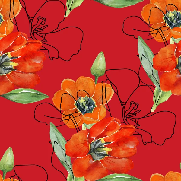 Red Yelollow Tulips Seamless Pattern Image White Colored Background — Stock Photo, Image