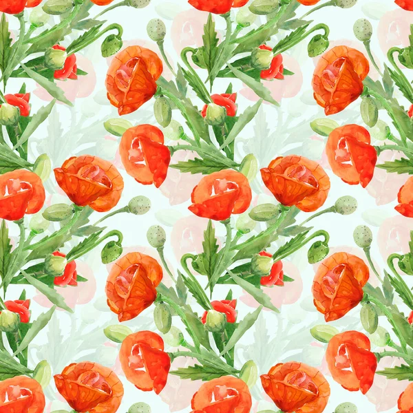Poppies Naadloos Patroon Afbeelding Witte Gekleurde Achtergrond — Stockfoto