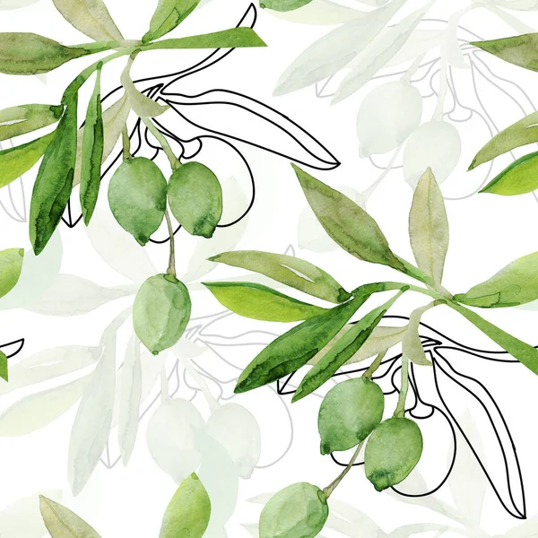 Watercolor Olive Tree Branch Image White Colored Background Patten Seamless — Stok fotoğraf
