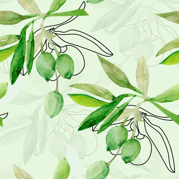 Watercolor Olive Tree Branch Image White Colored Background Patten Seamless — Foto Stock