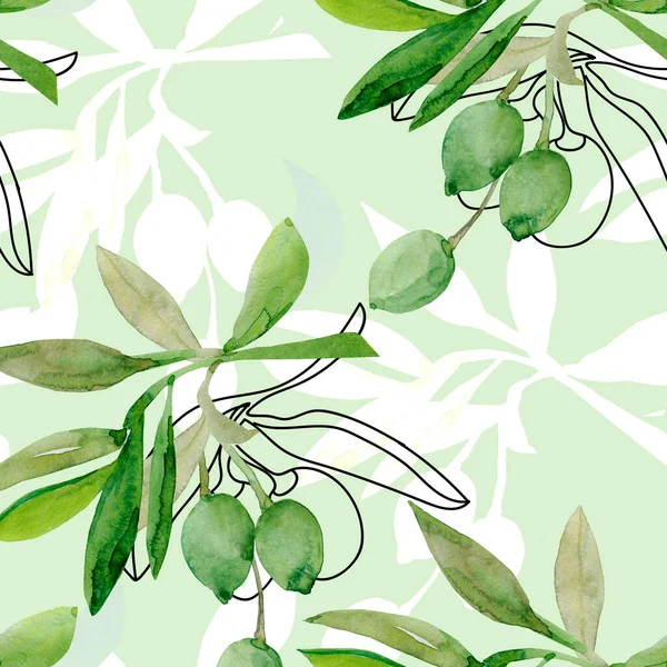 Watercolor Olive Tree Branch Image White Colored Background Patten Seamless — Zdjęcie stockowe