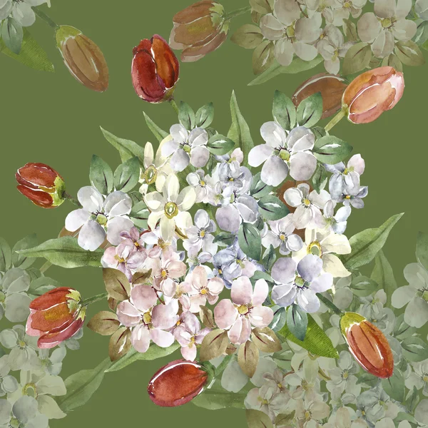 Bouquet of branches of apple blossom and tulips seamless pattern — Stok fotoğraf