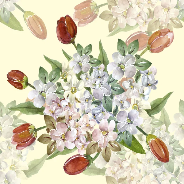 Bouquet of branches of apple blossom and tulips seamless pattern — Zdjęcie stockowe
