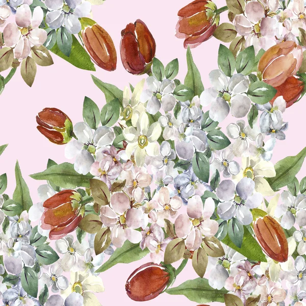 Bouquet of branches of apple blossom and tulips seamless pattern — Stock Photo, Image