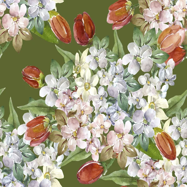 Bouquet of branches of apple blossom and tulips seamless pattern — Stock fotografie