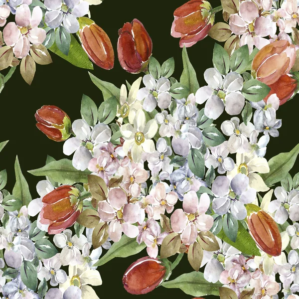 Букет гілок яблучного цвітіння і тюльпанів безшовний візерунок — стокове фото