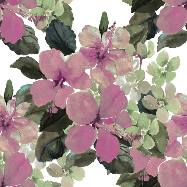 Акварельна ілюстрація квітів гібіскуса та фіалки безшовний візерунок — стокове фото