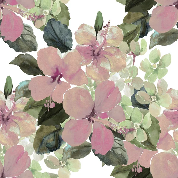 ハイビスカスの花やスミレのシームレス パターンの水彩イラスト — ストック写真