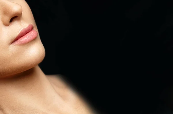 Closeup shot of a woman with lip permanent makeup. Space for text