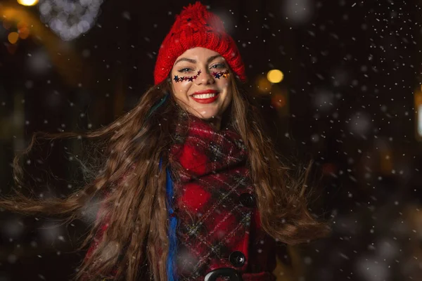 Winter Portrait Lovely Woman Long Fluttering Hair Having Fun Street — Stock Photo, Image