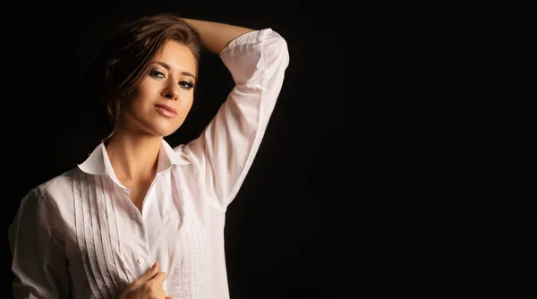 Gorgeous Woman Short Curly Hair Makeup Wears Men Shirt Posing — Stock Photo, Image