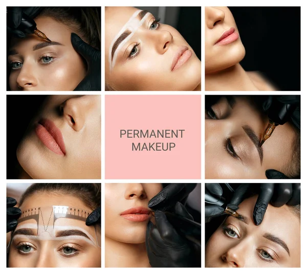 Permanent Makeup Collage Closeup Photos Woman Eyebrow Lip Permanent Stock Photo