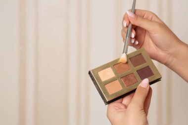 Profesyonel makyaj sanatçısı, günlük kullanım için küçük altın palet ve kahverengi gözlükler tutuyor. Boş boşluk