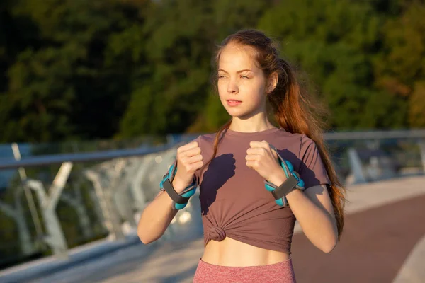 Athletic Ginger Woman Doing Hand Exercises Sports Weights Bridge Morning — Stock Photo, Image